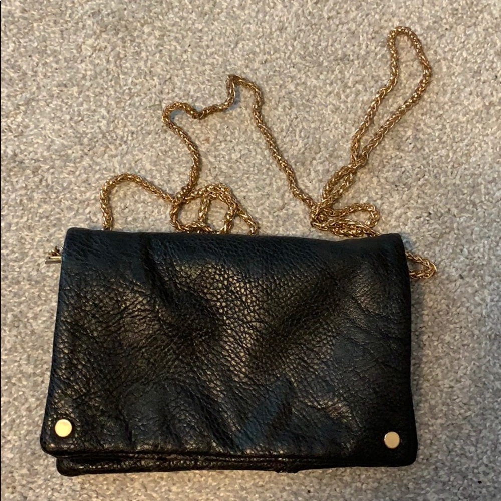 Gold chain pleather fold-over black purse
